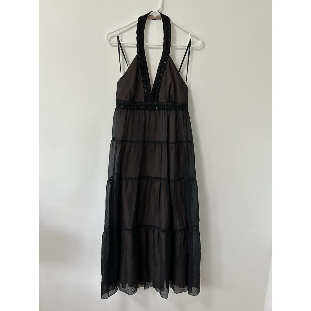 Y2K Babydoll Halter Dress Maxi Witchy Tiered Sequin BCBG Size 4 Black Whimsy